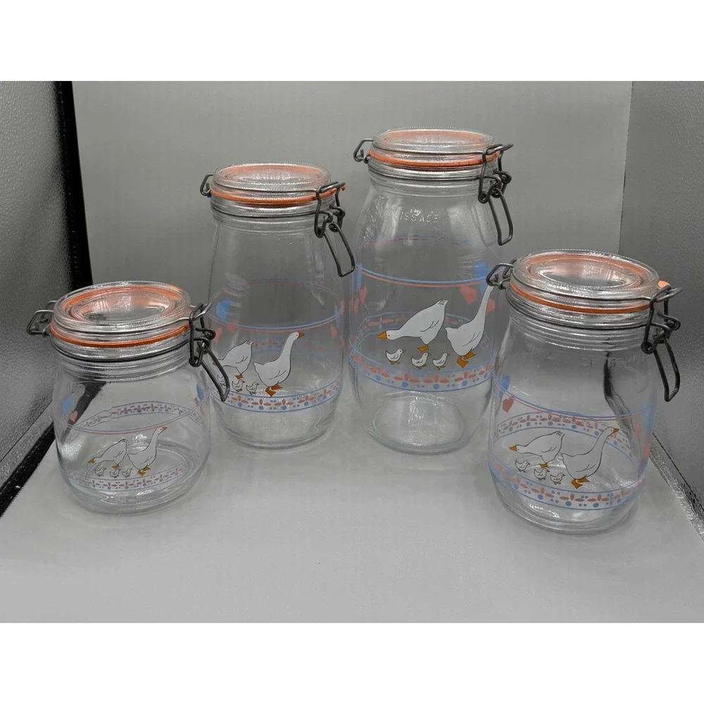 Vintage ARC France Hearts & Geese Glass Canister Set 4 Clamp Lid Wire Bail Jars